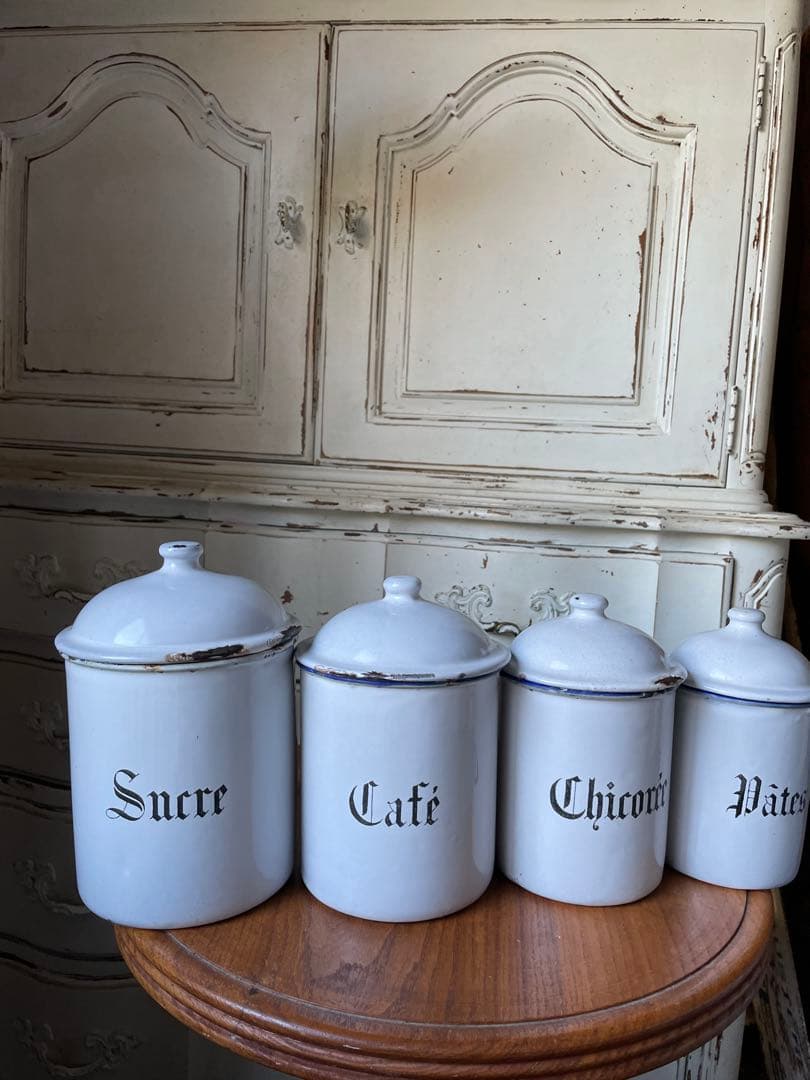 リー様専門　アンティーク　ホーロー　キャニスター　4個　ホワイト　美しい文字　白