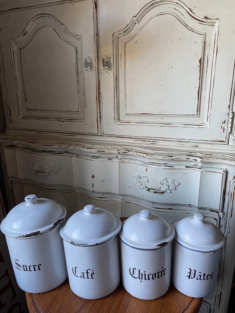 リー様専門　アンティーク　ホーロー　キャニスター　4個　ホワイト　美しい文字　白