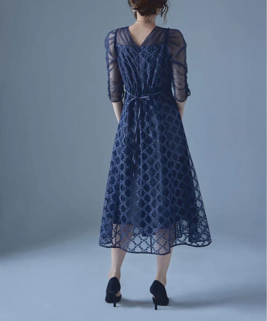 Floral diagonal check flare dress 初期不良アリ