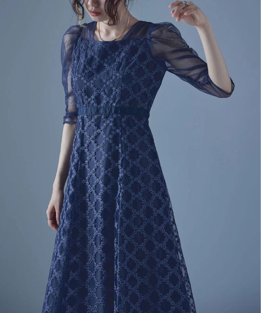 Floral diagonal check flare dress 初期不良アリ