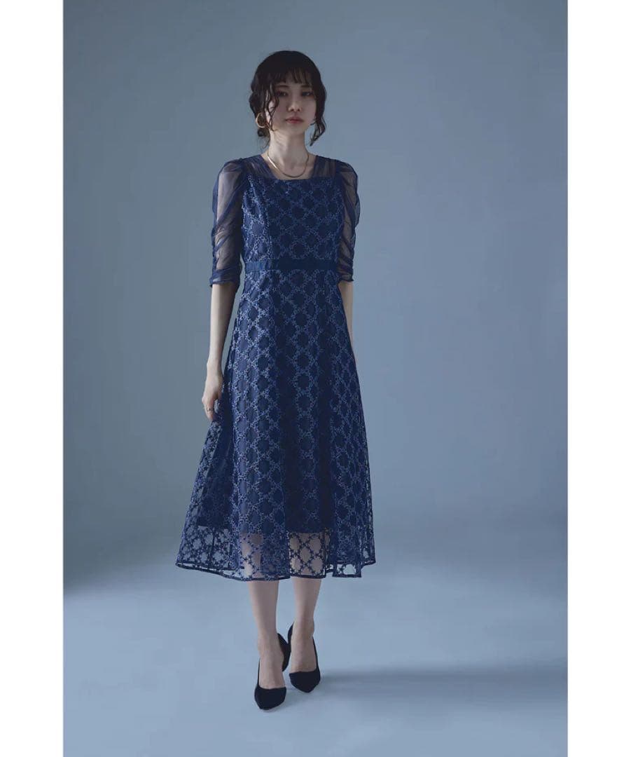 Floral diagonal check flare dress 初期不良アリ