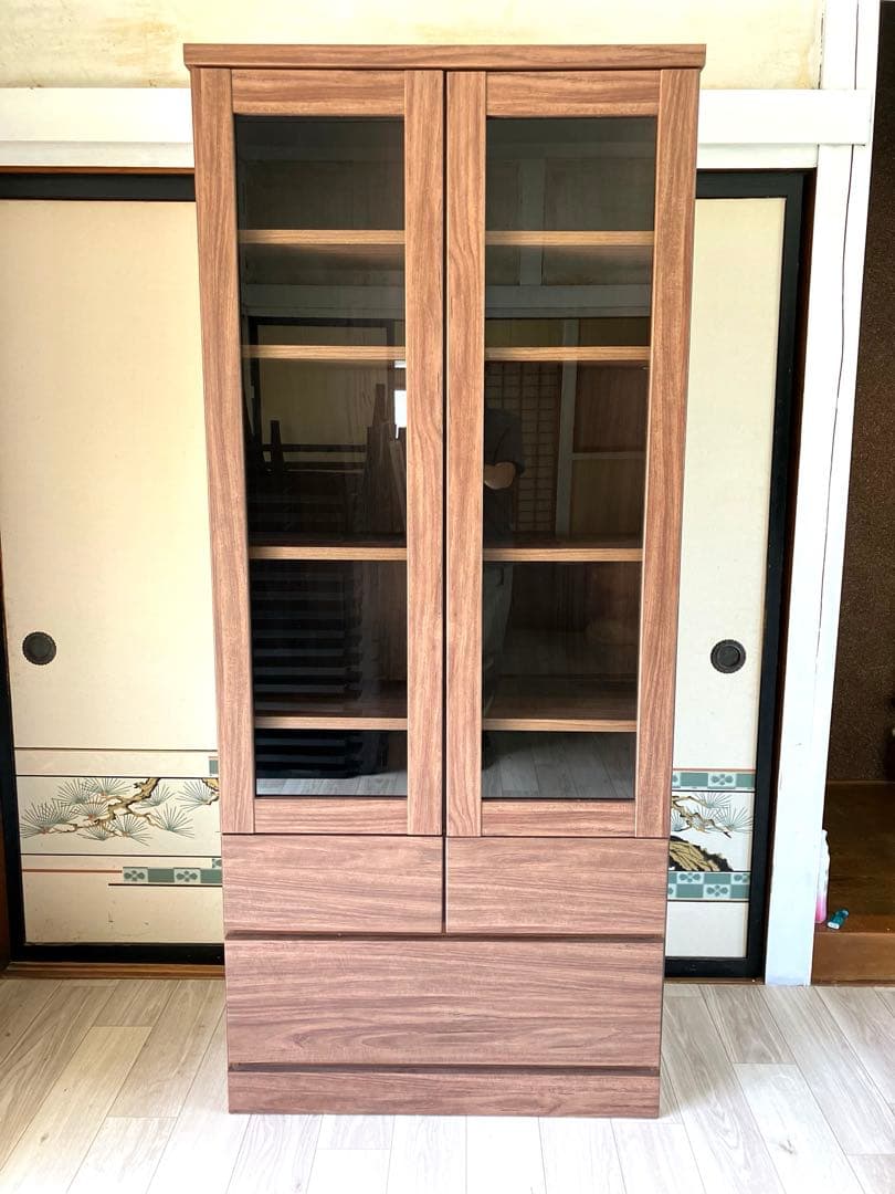 引き取り可 美品 ニトリ NITORI 扉・引出し付き書棚 ガラス扉 ブラウン