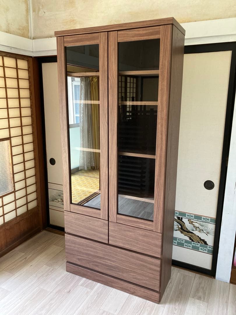 引き取り可 美品 ニトリ NITORI 扉・引出し付き書棚 ガラス扉 ブラウン