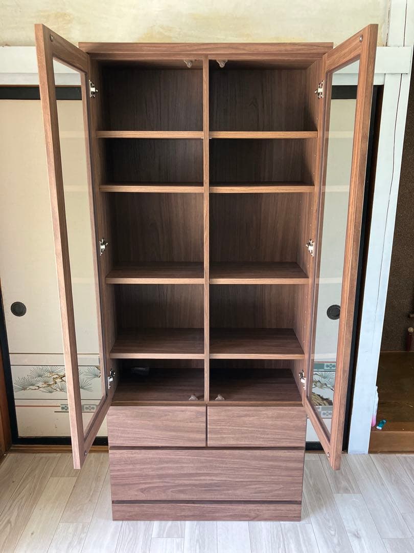 引き取り可 美品 ニトリ NITORI 扉・引出し付き書棚 ガラス扉 ブラウン