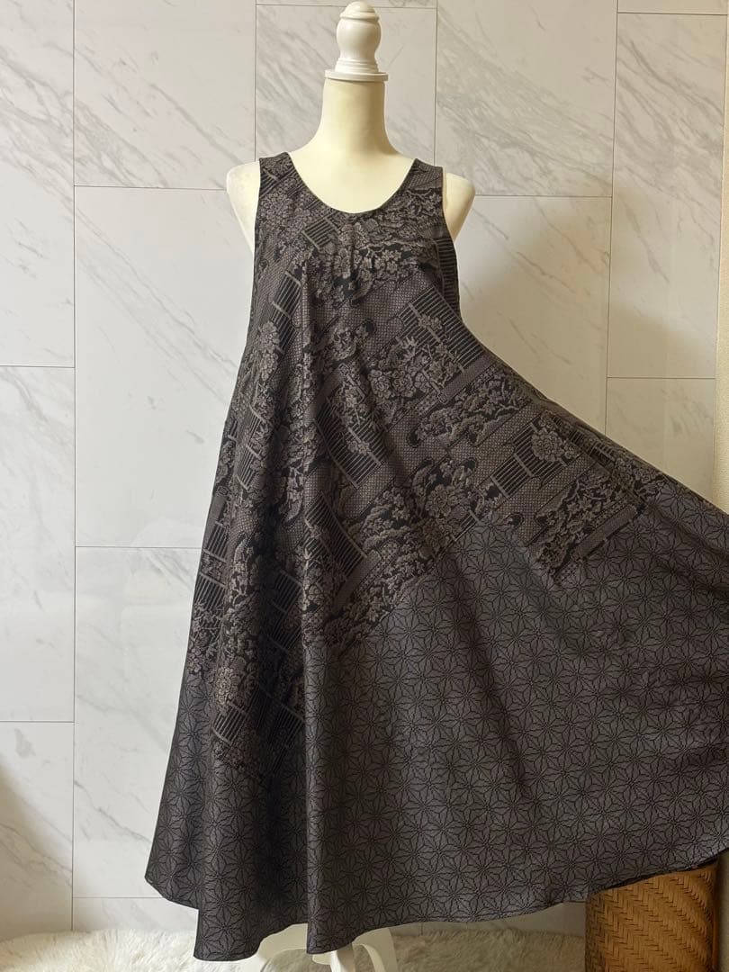 1-11大島紬リメイク　大島紬ロングワンピース　大島紬ジャンパースカート