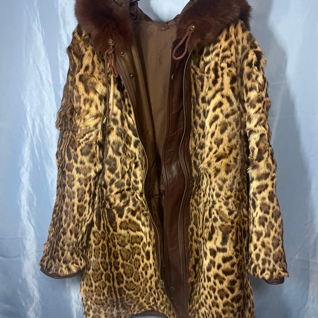 ブラウン ヒョウ柄裏地 ファー付きジャケット