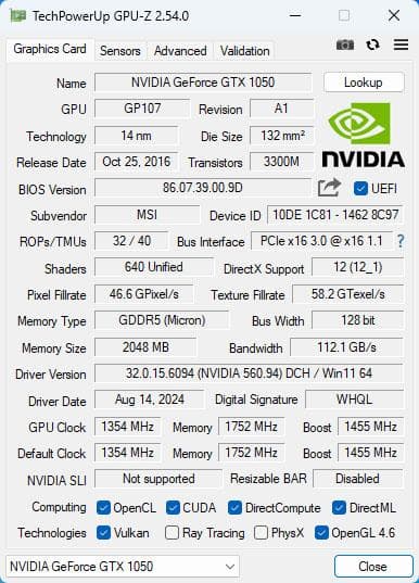 MSI NVIDIA GTX 1050 ロープロファイル グラフィックボード