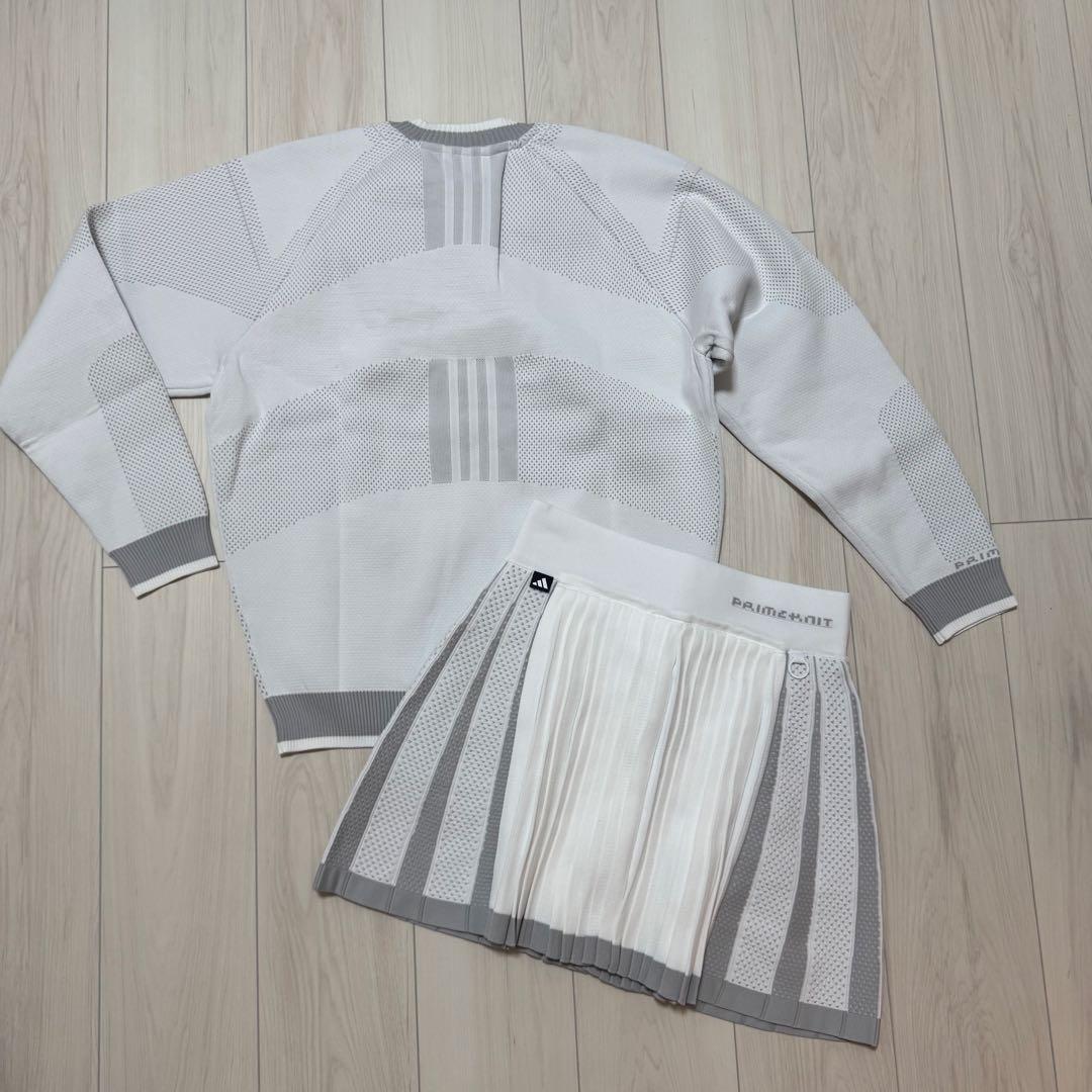 新品 アディダス セットアップ 秋冬 プライムニット プリーツスカート 白 保温