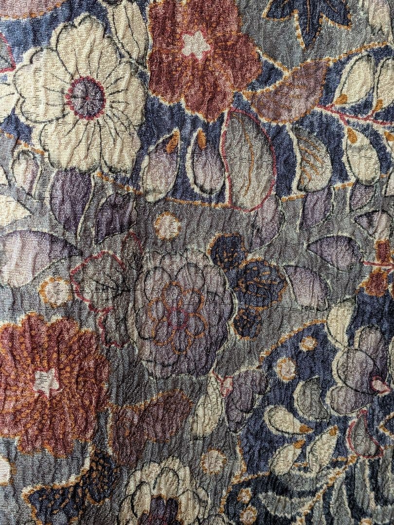 A257着物リメイク辻が花柄Aラインワンピース★リボン・ブローチ