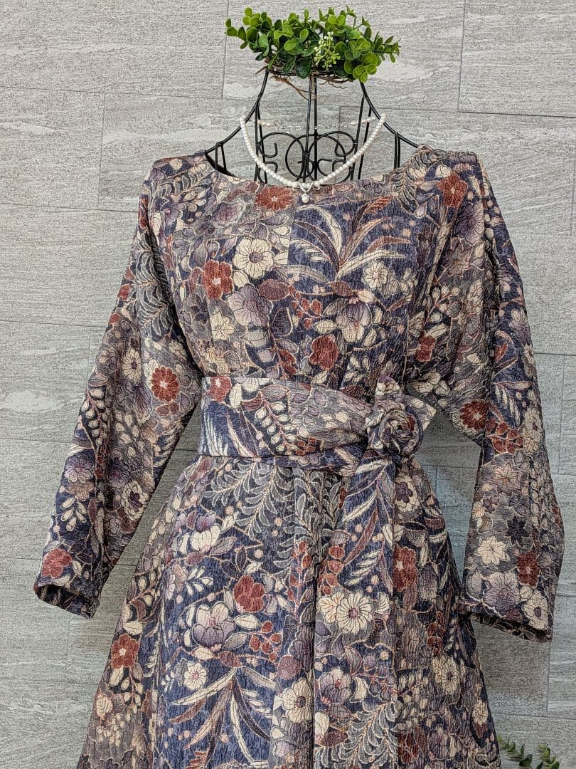 A257着物リメイク辻が花柄Aラインワンピース★リボン・ブローチ