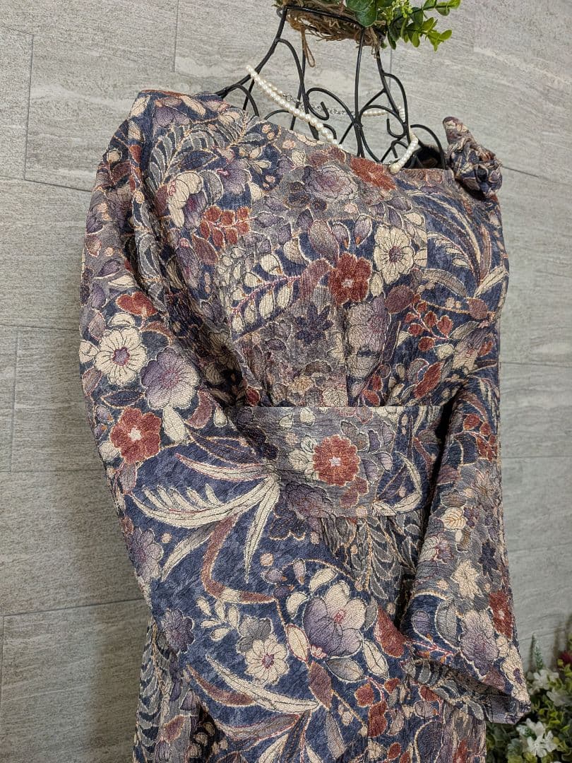 A257着物リメイク辻が花柄Aラインワンピース★リボン・ブローチ