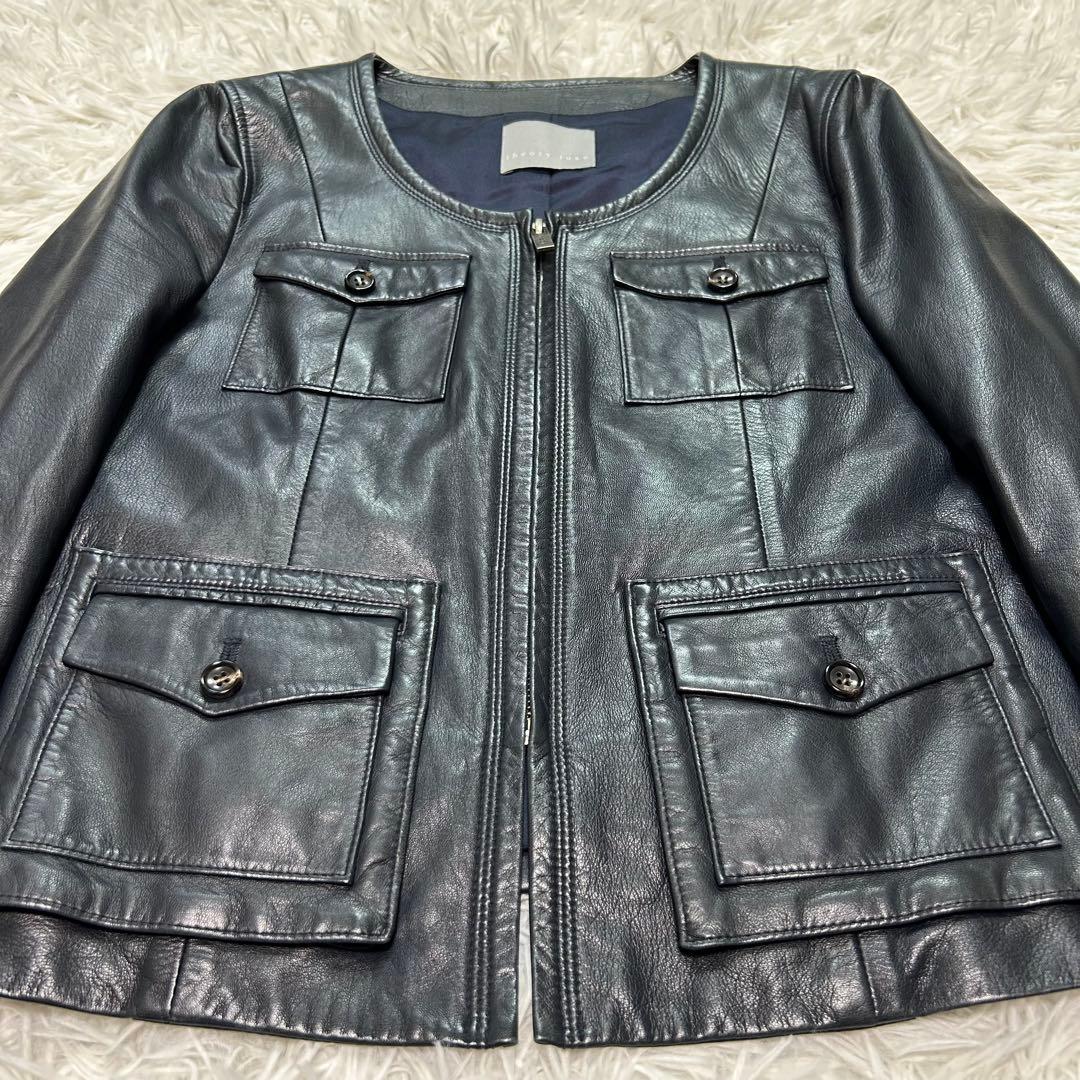 【美品】セオリーリュクス ノーカラー ラムレザージャケット 38 M 羊革