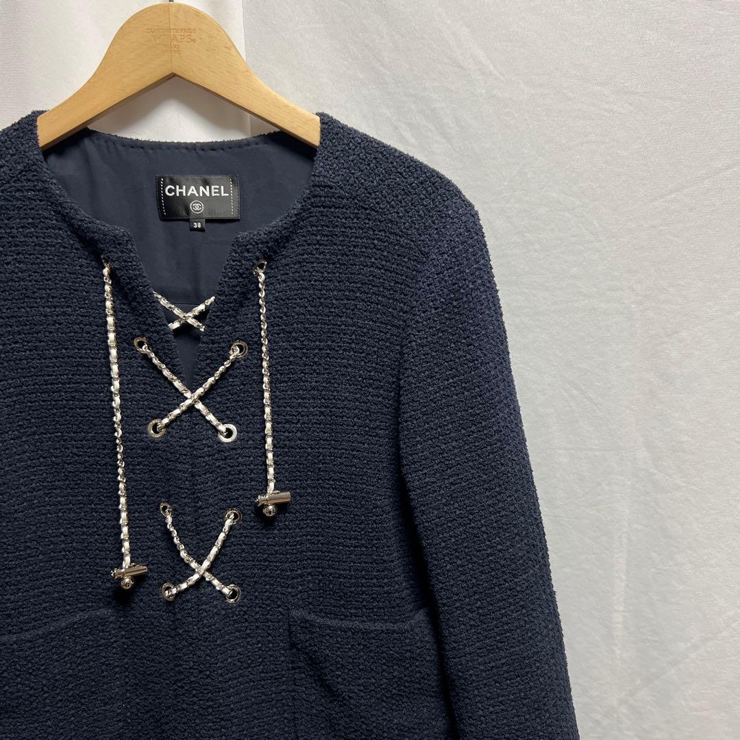 CHANEL シャネル　コットン ツイード チェーン ワンピース ネイビー