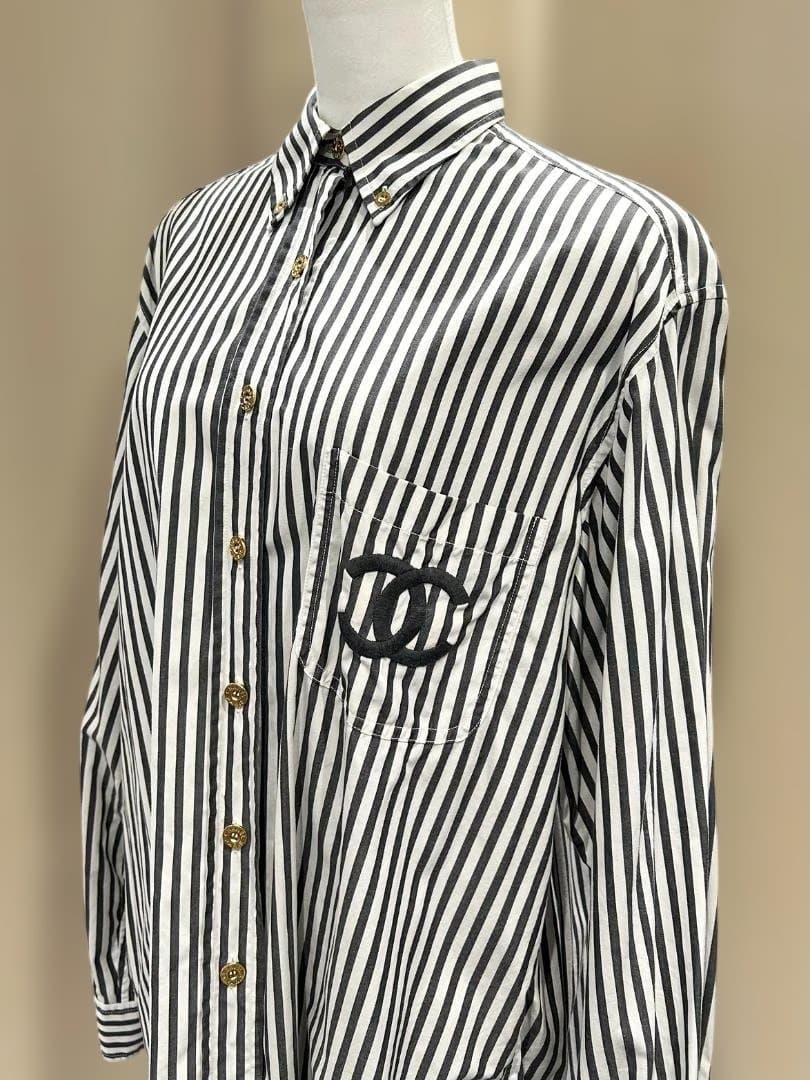 CHANEL　シャネル　ストライプ　長袖シャツ　38　コットン　ヴィンテージ