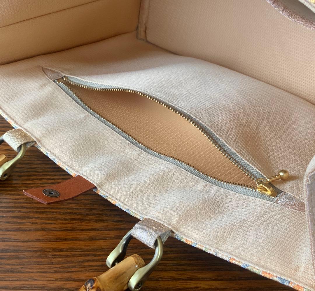 袋帯　きらめく吉祥花文　リメイク　バンブーハンドルバッグ　浅型マチ広め