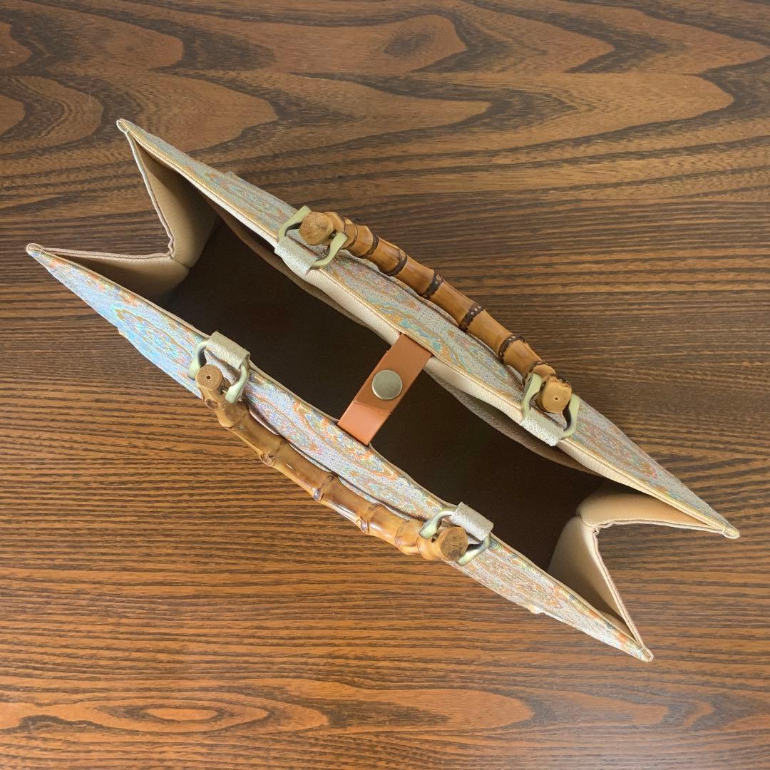 袋帯　きらめく吉祥花文　リメイク　バンブーハンドルバッグ　浅型マチ広め