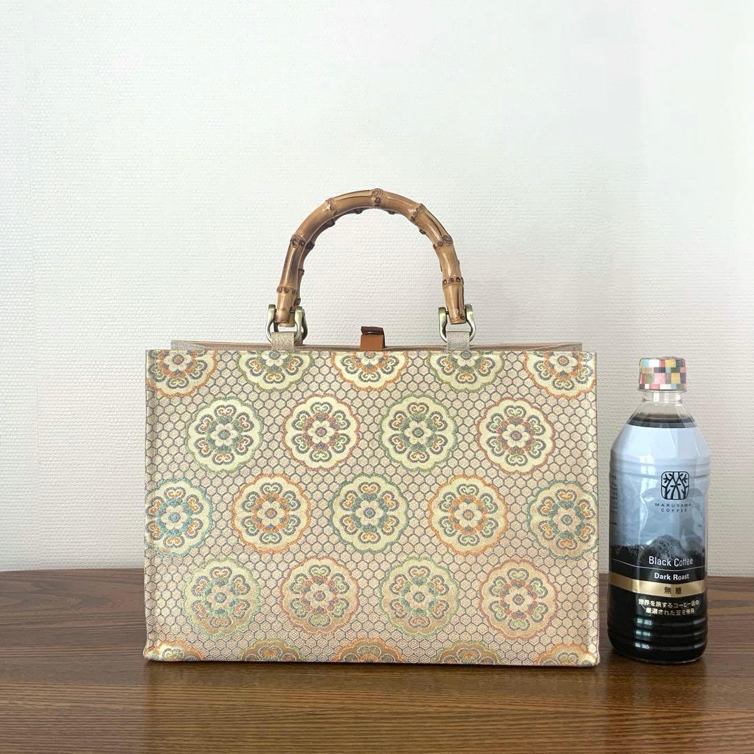 袋帯　きらめく吉祥花文　リメイク　バンブーハンドルバッグ　浅型マチ広め