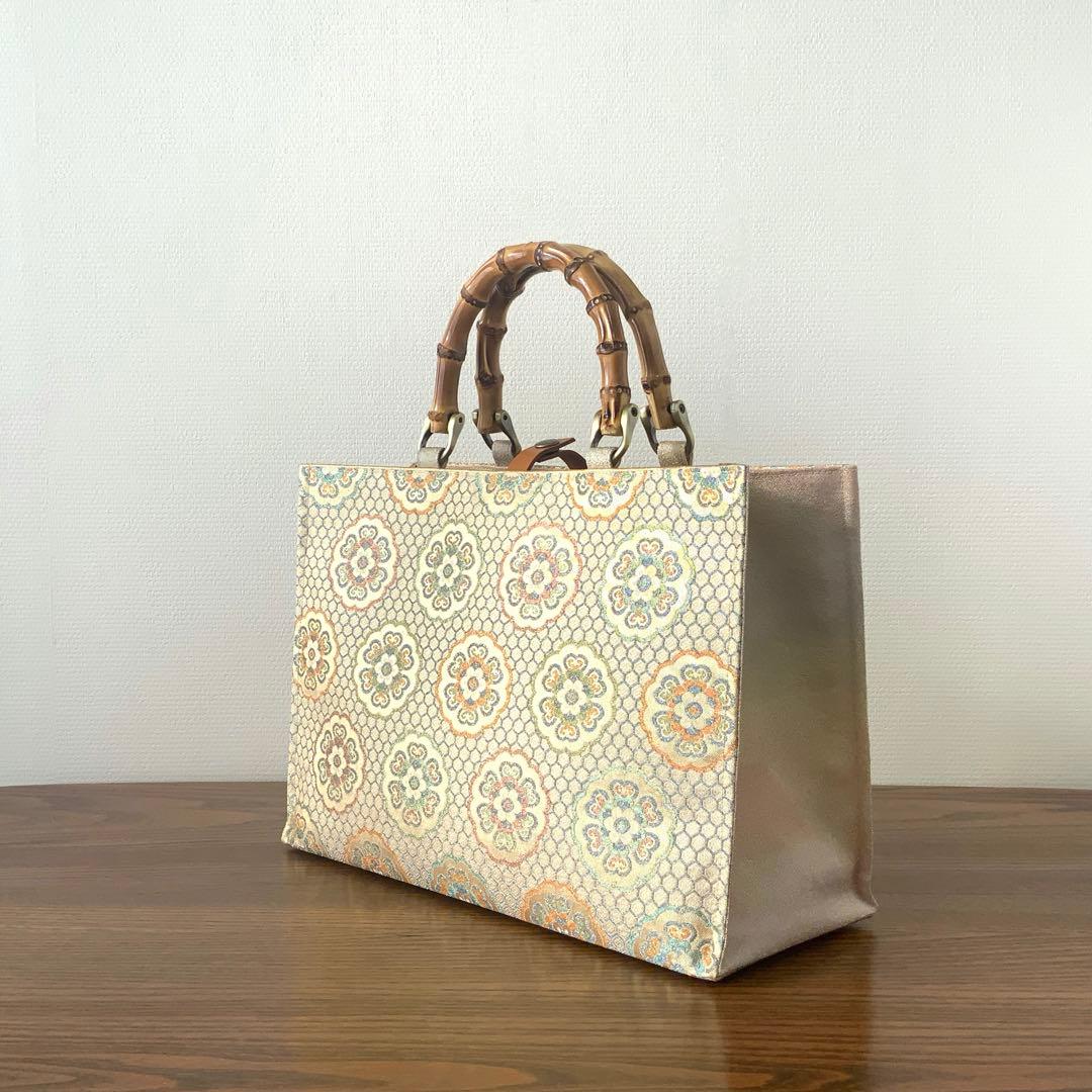 袋帯　きらめく吉祥花文　リメイク　バンブーハンドルバッグ　浅型マチ広め