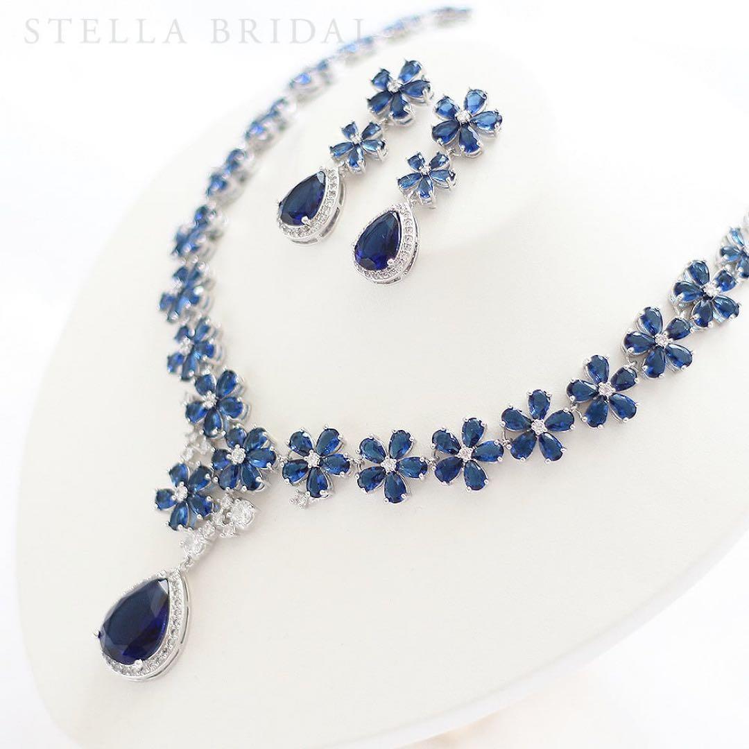 【最終値下げ】ジルコニア ウェディングジュエリー ネイビー ネックレス＆ピアス