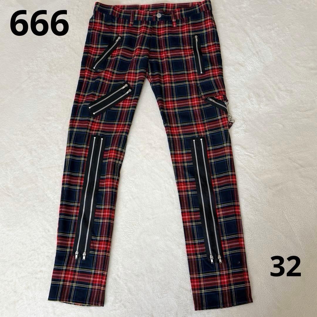 美品✨666 ボンテージパンツ タータンチェック ジップ パンク 日本製　レッド