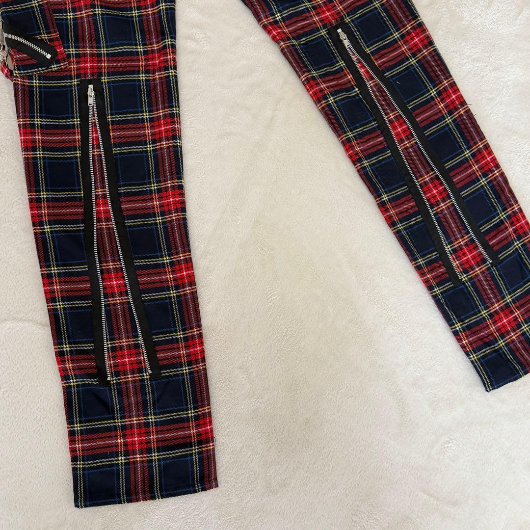 美品✨666 ボンテージパンツ タータンチェック ジップ パンク 日本製　レッド