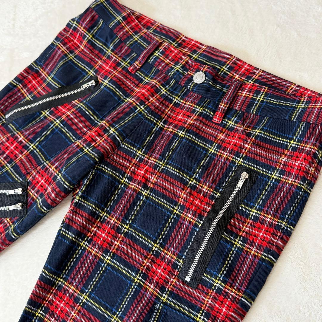 美品✨666 ボンテージパンツ タータンチェック ジップ パンク 日本製　レッド