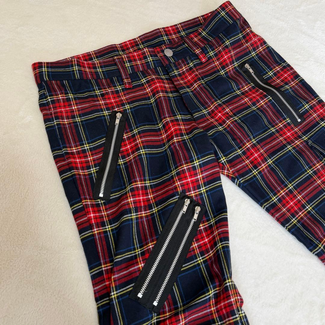 美品✨666 ボンテージパンツ タータンチェック ジップ パンク 日本製　レッド