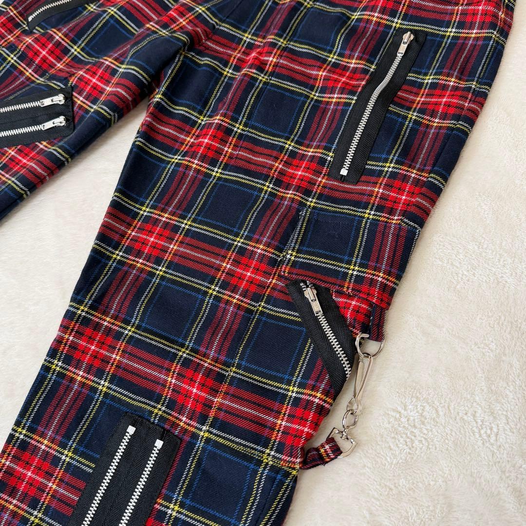 美品✨666 ボンテージパンツ タータンチェック ジップ パンク 日本製　レッド