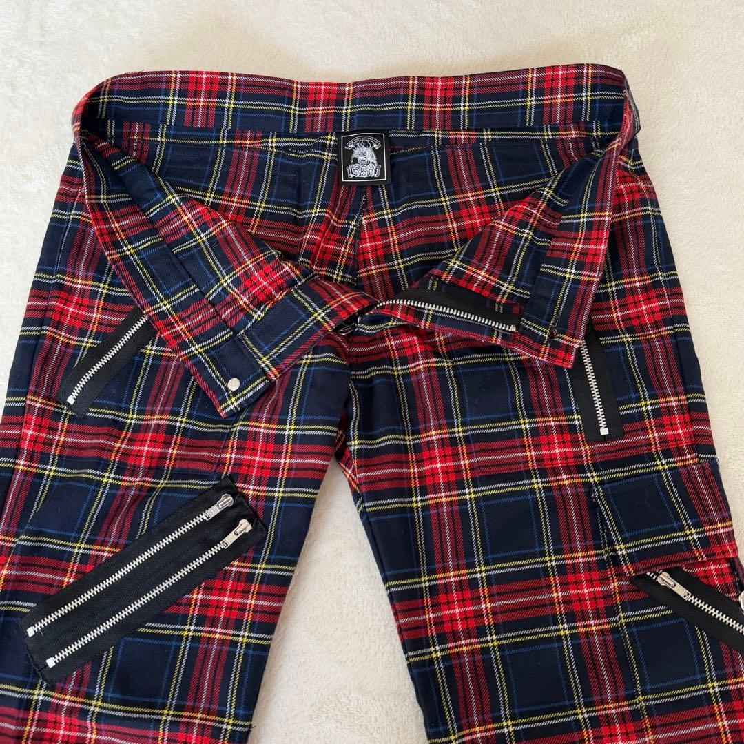 美品✨666 ボンテージパンツ タータンチェック ジップ パンク 日本製　レッド