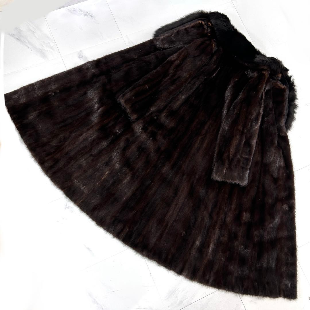 高級 着丈107cm ブラックミンク フォックス 襟 ロングコート 毛皮 鼬