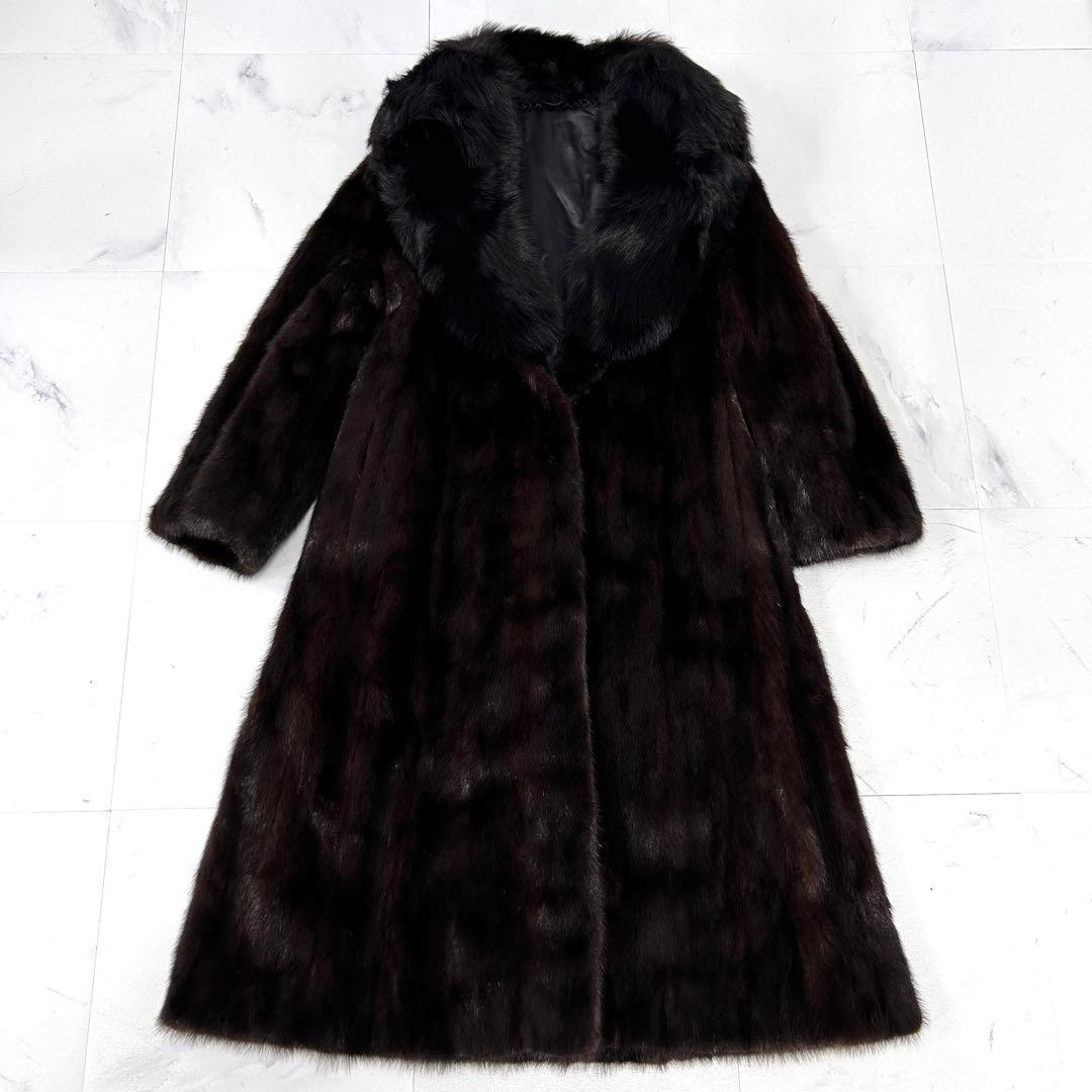 高級 着丈107cm ブラックミンク フォックス 襟 ロングコート 毛皮 鼬