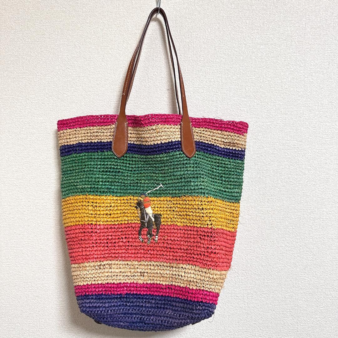 ポロラルフローレン ビッグポニー ラフィアトートバッグ かごバッグ マルチカラー