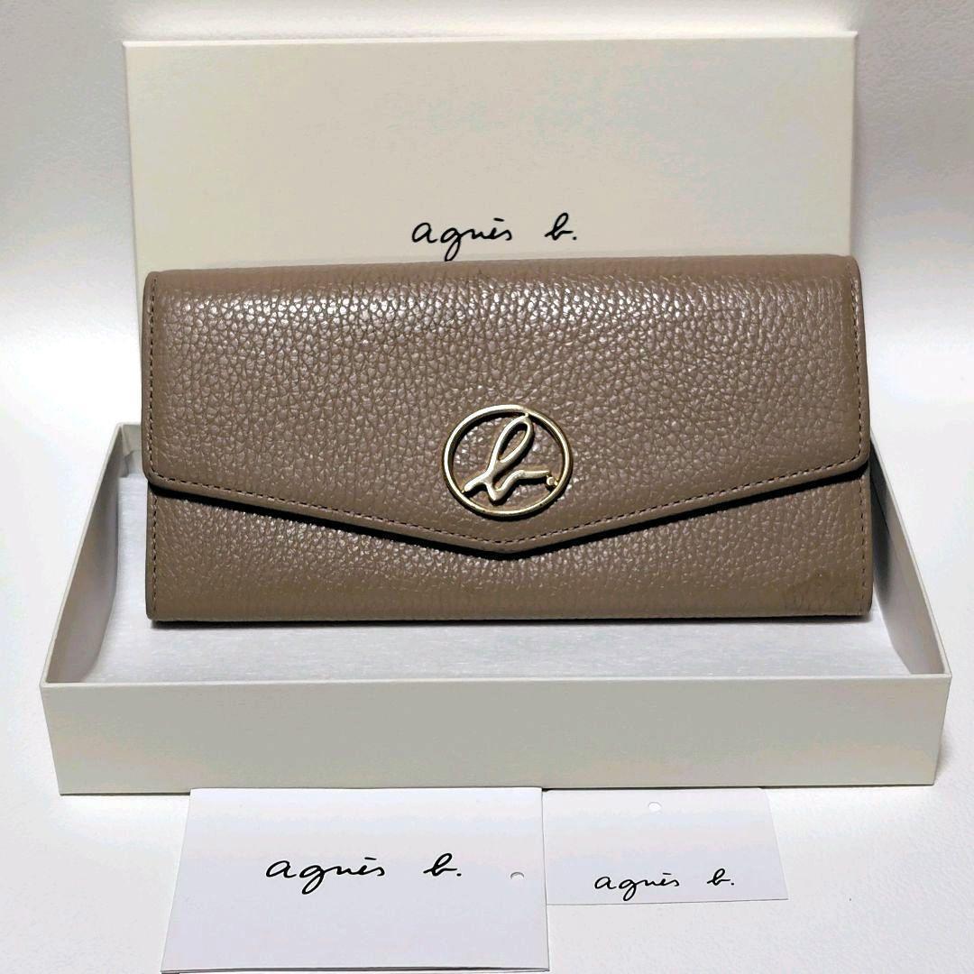 付属品有り✨　アニエスベー　長財布　グレージュ　シボ革　フラップ式　金具ロゴ