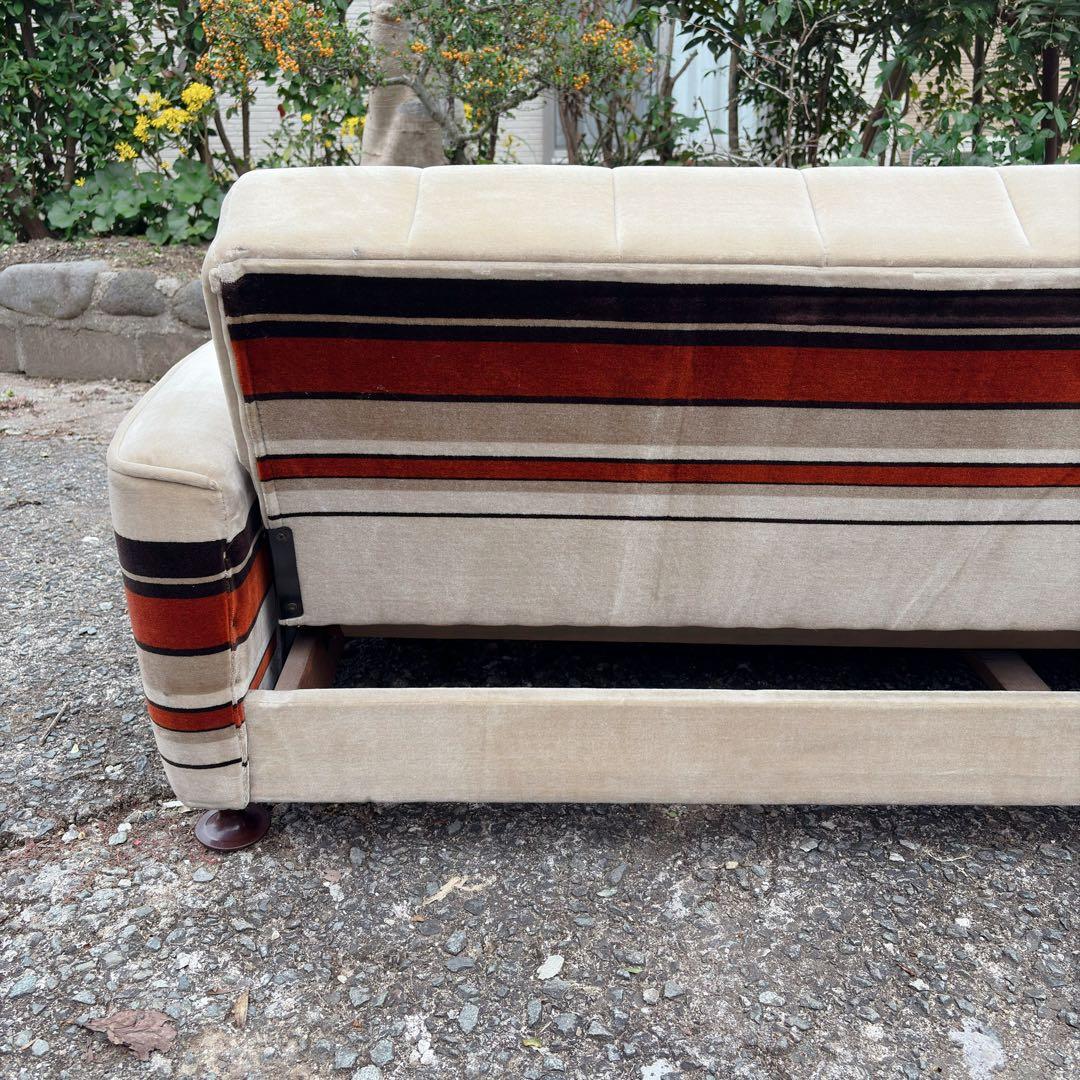 昭和レトロ　アンティーク ストライプ ソファ ベッド モケット 3人掛け ベロア