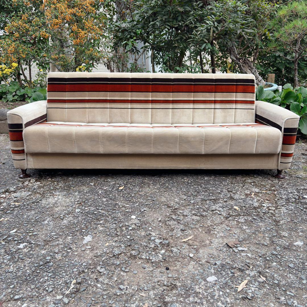 昭和レトロ　アンティーク ストライプ ソファ ベッド モケット 3人掛け ベロア
