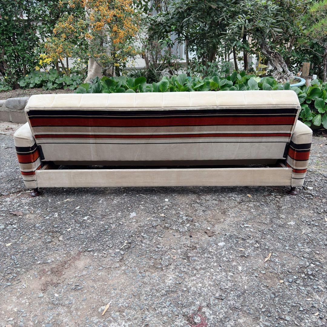 昭和レトロ　アンティーク ストライプ ソファ ベッド モケット 3人掛け ベロア