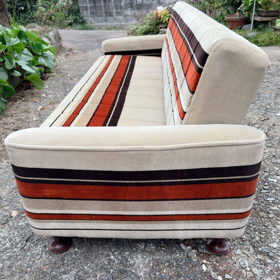 昭和レトロ　アンティーク ストライプ ソファ ベッド モケット 3人掛け ベロア