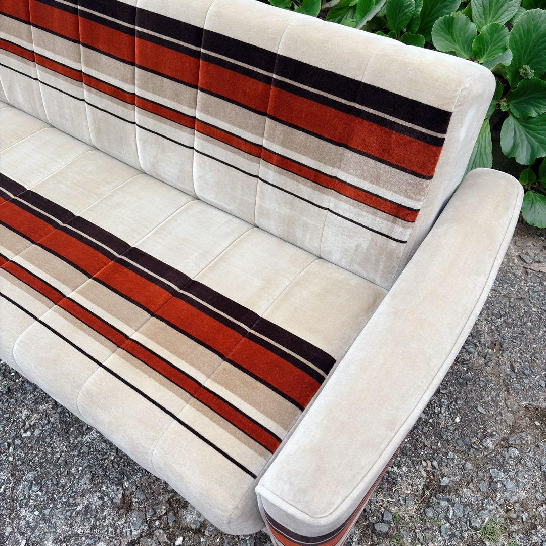 昭和レトロ　アンティーク ストライプ ソファ ベッド モケット 3人掛け ベロア