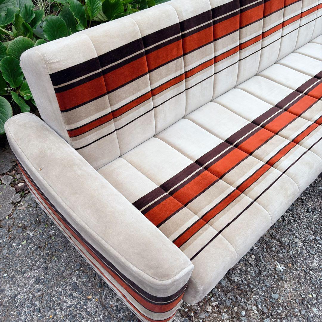 昭和レトロ　アンティーク ストライプ ソファ ベッド モケット 3人掛け ベロア