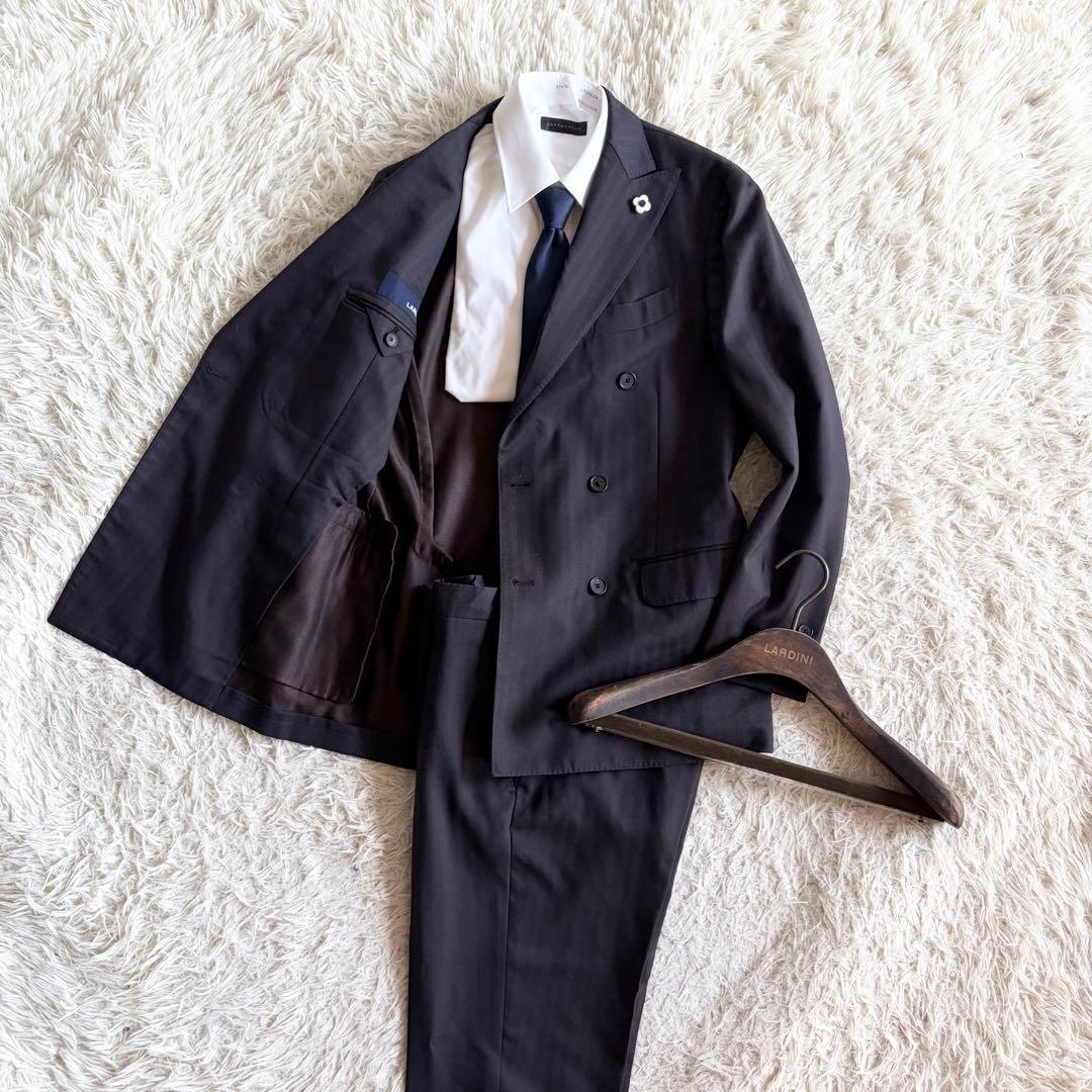 <美品>LARDINI ウール シルク ブラウン ダブル スーツ サイズ46