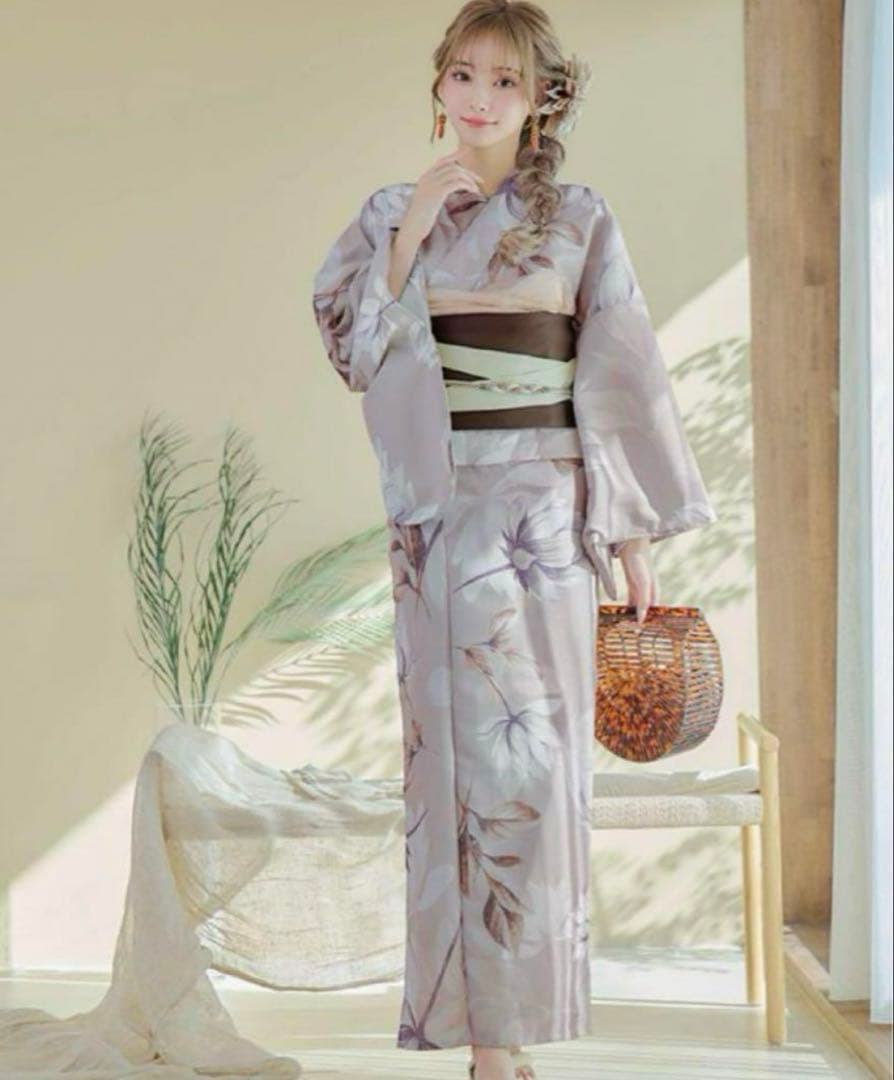 sugarホワイトフラワーブラウン浴衣