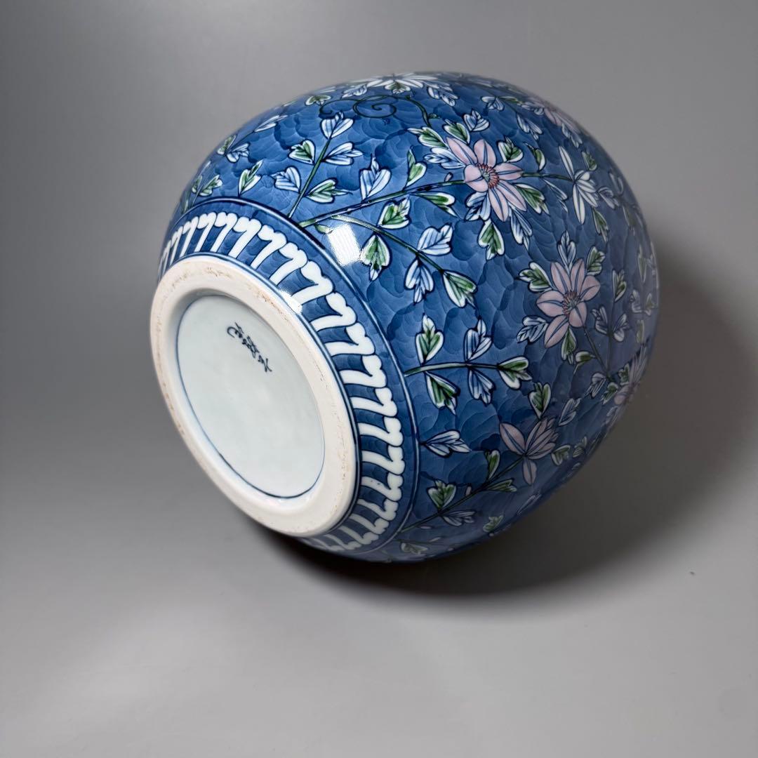 村上玄輝　染錦花草文様　花瓶　圧倒的な存在感　高さ27cm 胴径27cm　本人作