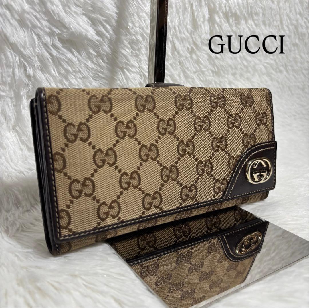 ✨美品✨ グッチ 長財布 GGキャンバス インターロッキング 二つ折り ブラウン