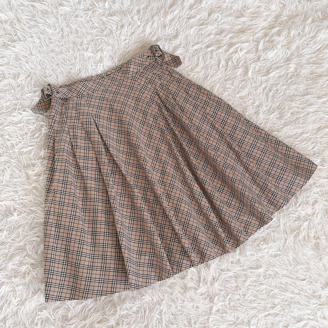 希少✨【バーバリーブルーレーベル】ダブルベルト ノバチェックフレアスカート 36