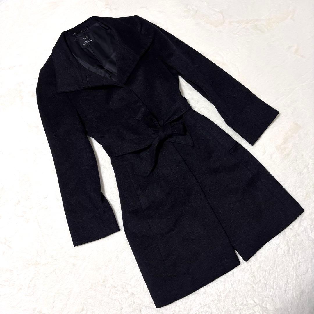 23区 ロングコート ウール アンゴラ ベルト Aライン 黒 40 ステンカラー