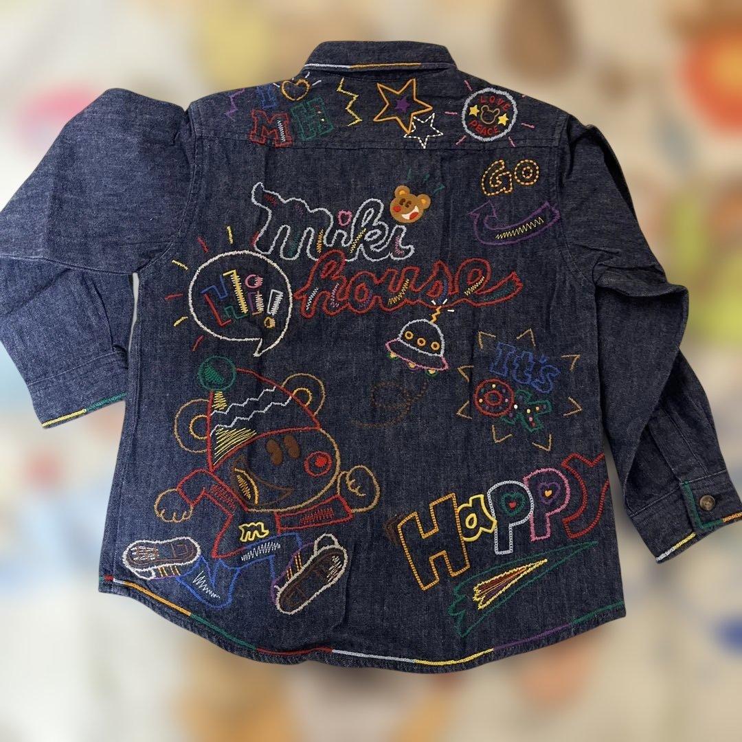 未使用タグ付ミキハウス 前後刺繍 ありデニムシャツ バッチ付 110