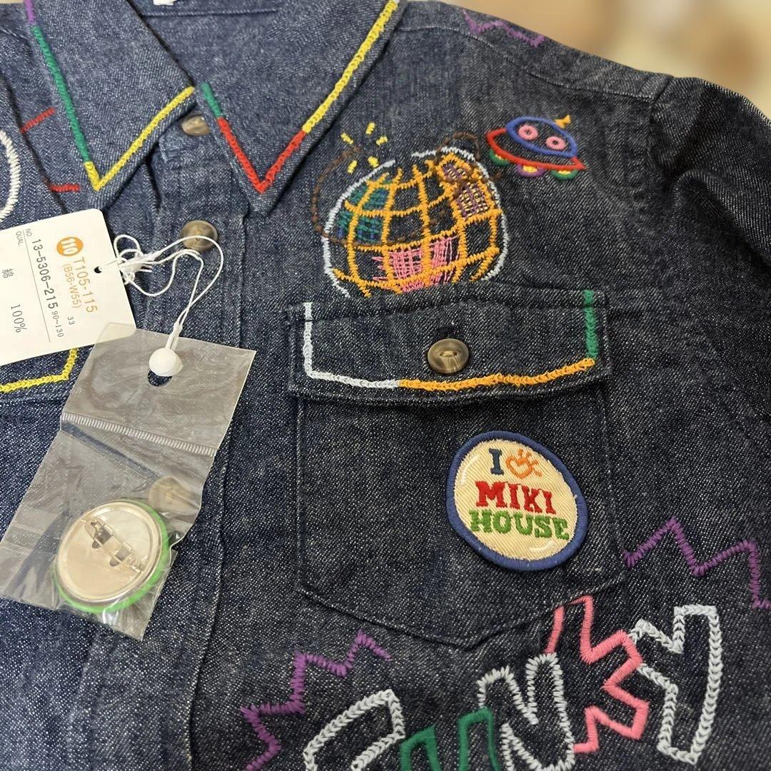 未使用タグ付ミキハウス 前後刺繍 ありデニムシャツ バッチ付 110