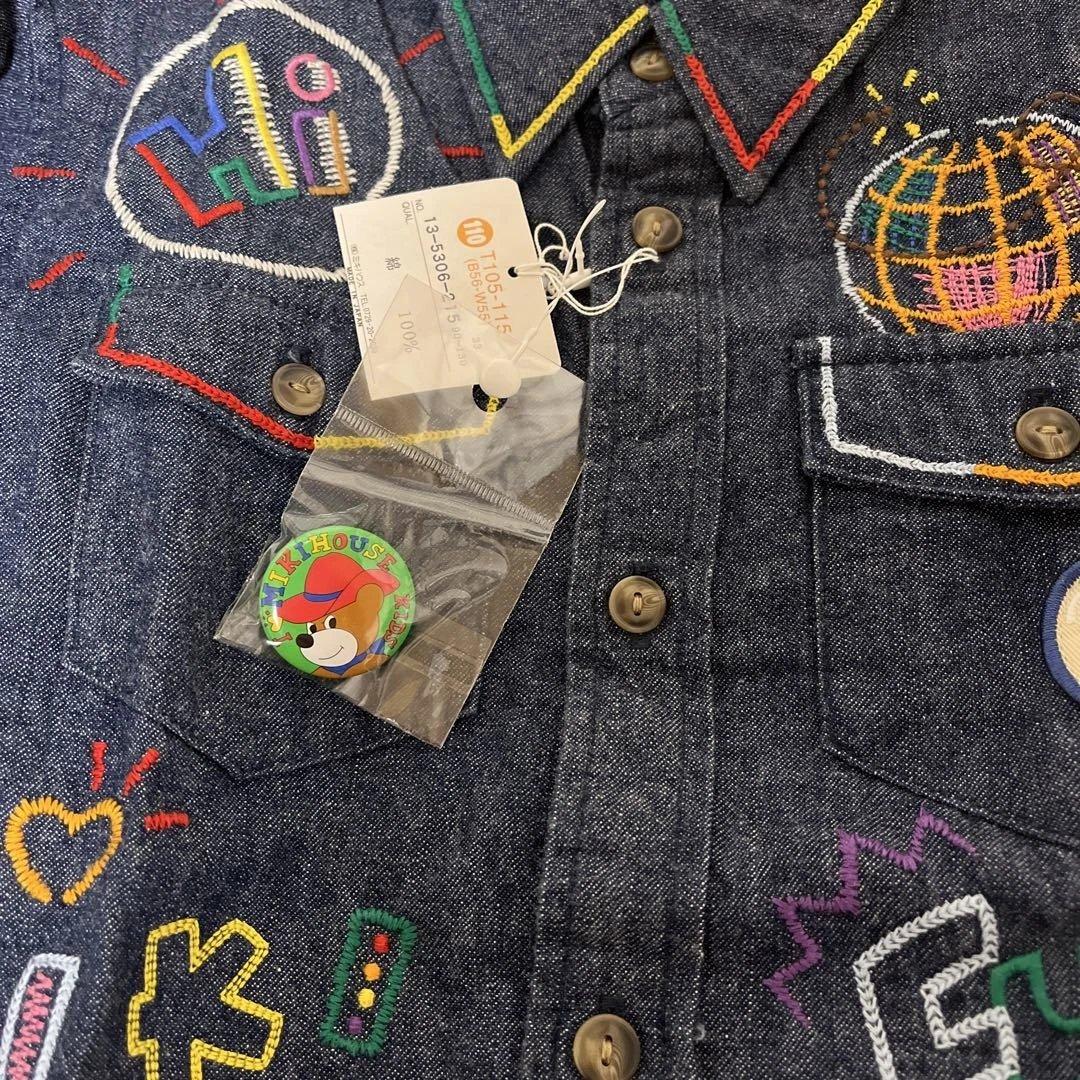 未使用タグ付ミキハウス 前後刺繍 ありデニムシャツ バッチ付 110