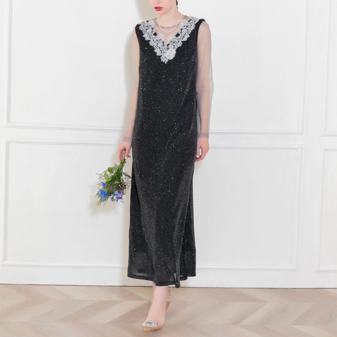 leja ラメ　レース装飾付きロングドレス　ブラック　ワンピース　オケージョン