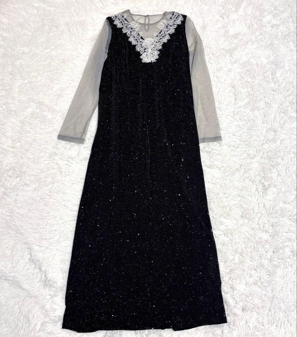 leja ラメ　レース装飾付きロングドレス　ブラック　ワンピース　オケージョン